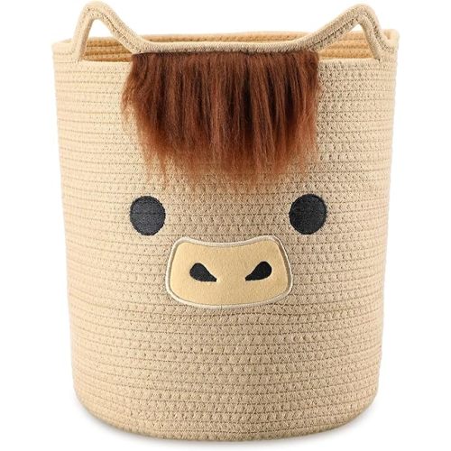 Highland Cute Cow Basket for Nursery, Big Shower Gift Basket, Round Woven Rope Cotton Storage with Ears Handles, Baby Blanket Towel Decor Storage Organizer Bins, 12"L x 12"W x 14"H