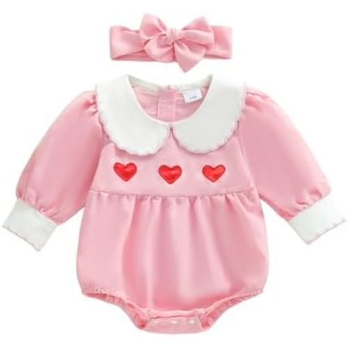 Lamuusaa Newborn Baby Girl Valentines Day Outfit Doll Collar Heart Embroidery Romper Bubble Smocked Bodysuit Shirts 0-18M