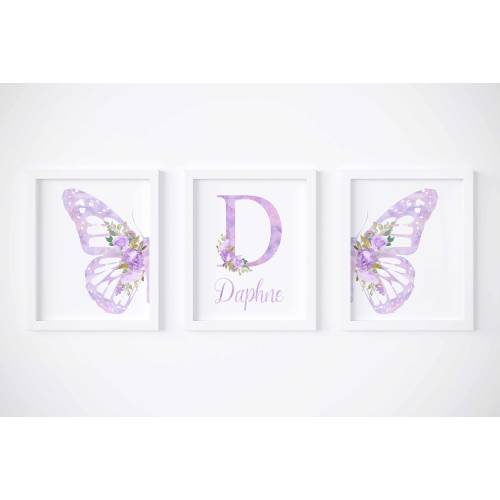 Butterfly print set of 3, Purple wall art, Floral nursery art, Baby name sign, Butterfly and flowers nursery decor, Digital download