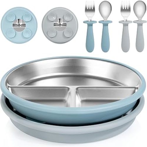 Bella's Friends Baby Feeding Set, 2 Pack Stainless Steel Divided Plate with Silicone Suction, 2 Set Spoons and Forks, BPA Free, Dishwasher Safe, Baby Led Weaning Supplies, Toddler Utensils, gray blue