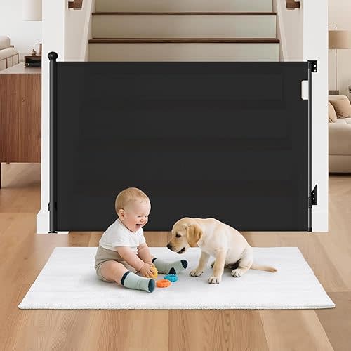 Retractable Baby Gate for Stairs, 55" Wide 38" High Pet Gate with Auto-Retract System, One-Hand Operation, Mesh Baby Gate for Doorways, Hallways, Decks, Indoor & Outdoor, Black