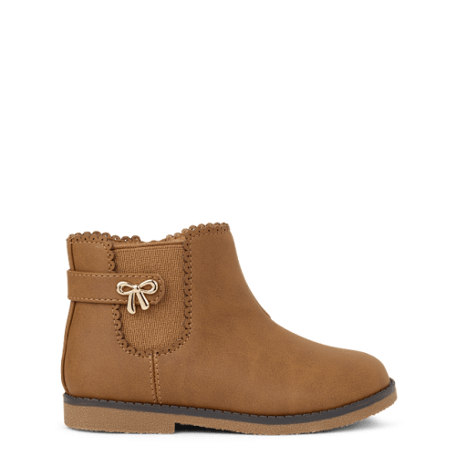 Girls Bow Scalloped Booties - Little Essentials - Tan