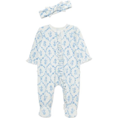 Trellis Rose Ruffle Cotton Footie & Headband Set, 9M