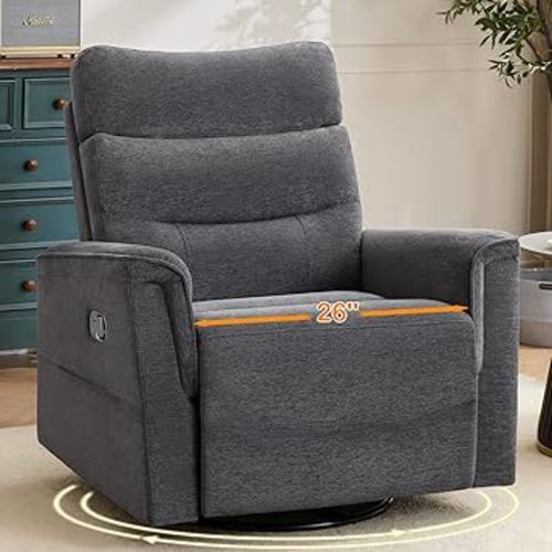 Oversized Swivel Rocker Recliner, 26'' Extra Wide Rocking Recliner Nursery Glider, Manual Swivel Recliner for Nursery, Reclining Rocking for Living Room, Dark Grey