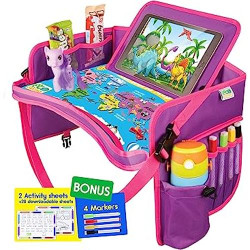 Kids Travel Tray - Waterproof Lap Table with No-Drop Large Tablet Holder - Car Seat Tray - Road Trip Essentials Kids - Car Desk Organizer for Airplane - Toddler Travel Essentials (Pink)