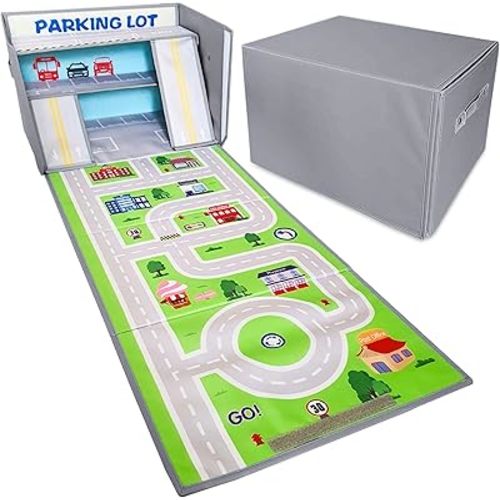 SAM AND MABEL Toy Car Garage Box with Play Mat Racecar Storage Basket, Stackable and Collapsible Organizer Bin - Gray