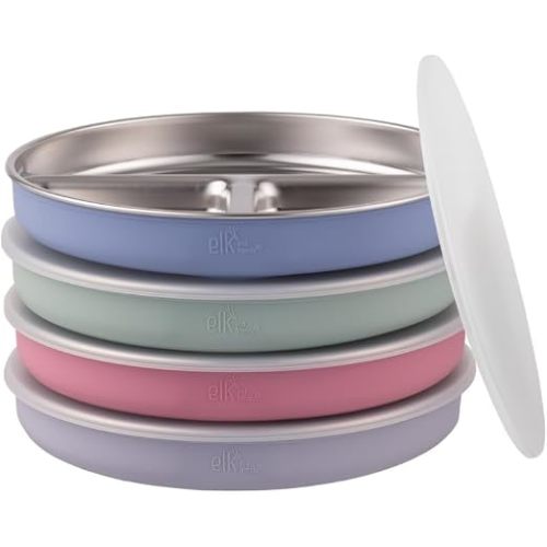 Elk and Friends Kids Stainless Steel Divided Plates with Silicone Sleeves | Lids Included | Suitable for Babies/Toddlers | Dishwasher Safe | Non Slip Dinnerware | Snack Dishes | 4 Pack