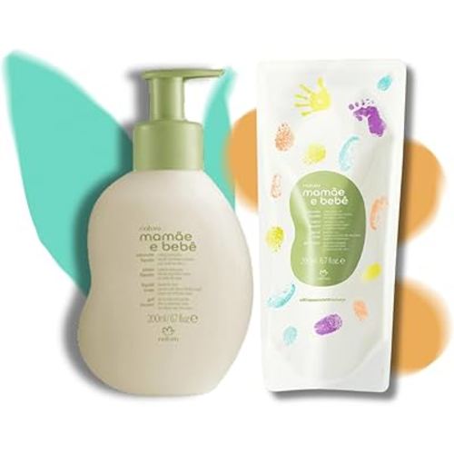 natura - Mamãe e Bebê Baby Head to Toe Liquid Soap with Refill - Multipurpose Wash - 100% Vegan - 98.5% Natural Origin - All Skin Types - Cruelty Free - Baby Essentials - 6.7 fl oz (200ml)
