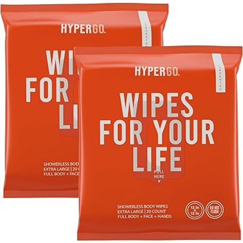 HyperGo XL Body Wipes for Women & Men – 12" x12" Rinse-Free Full Body Cleansing Wipes 2-20 Count Packs - Unscented | Biodegradable, Hypoallergenic, Aloe-Infused | Gym, Festival, Camping Essentials