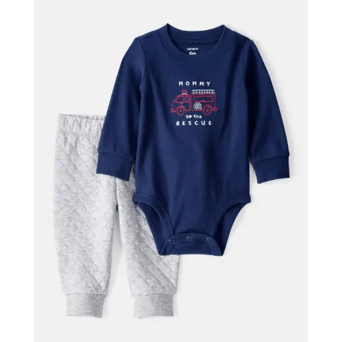 Baby Boy 2-Piece Firetruck Print Long-Sleeve Bodysuit & Pant Set - Blue | Carter's