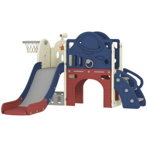 Qaba 8 in 1 Toddler Slide Set with Basketball Hoop,Telescope, Kids Playground for Toddlers Age 1-6 Indoor Outdoor, Blue