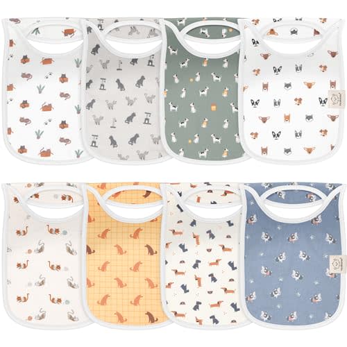 8-Pack Baby Bibs for Boys, Girls - Pullover Bibs for Drooling Teething Baby Girl & Boy Toddler, Newborn, Soft & Absorbent, Cute Colors, Large Torso Coverage Keep Infant Clean & Dry (Pets & Paws)