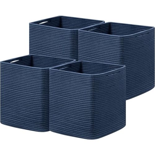joybest 13inch Cube Storage Bins, Cotton Rope Woven Organizer Basket | Set of 4 Cube Bin Square Shelves Organizer Closet Storage, Nursery, Toy Organization, Navy Blue