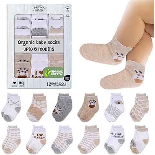 Mother's Choice Organic Cotton Baby Socks, 12 Pairs, Unisex 0-6 Months - Soft, Hypoallergenic Newborn & Infant Socks - Baby Girl & Boy Gifts