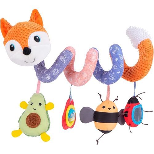 Jollybaby Crib Stroller Car Seat Toys for Baby 0-3-6-9-12 Months, Tummy Time Hanging Sensory Toys for Newborn with Music Box and Teether, Spiral Carseat Toy for Infant Boys Girls Gift (03-Orange Fox)