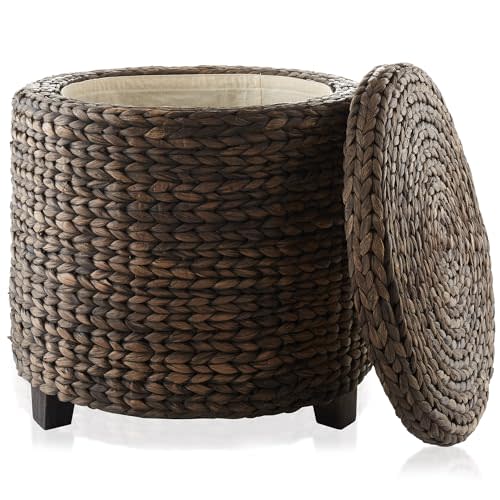 Casafield 17" Round Storage Ottoman with Lid - Espresso Dark Brown, Handwoven Water Hyacinth Footstool for Living Room, Bedroom, Bathroom, Home Office