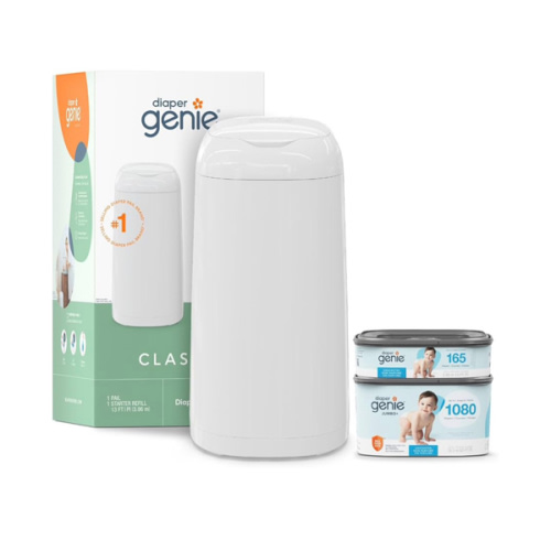 Diaper Genie Classic Diaper Pail Gift Set | Push-N-Lock Odor Control | Includes Starter Refill and Jumbo+ Refill | Holds up to 1,245 Newborn Diapers | Baby Registry Must-Have