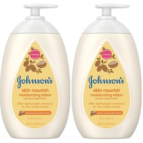 Johnson's Skin Nourish Moisturizing Baby Lotion for Dry Skin with Shea & Cocoa Butter Scents, Gentle & Lightweight Body Lotion for The Whole Family, Hypoallergenic, Dye-Free, 16.9 fl. oz