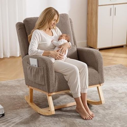 Rocking Chair Nursery, Nursing Rocking Chairs Upholstered, Glider Rocker with Lumbar Pillow and Side Pockets, Modern Rocker Chair for Bedroom, Living Room, Teddy Coffee