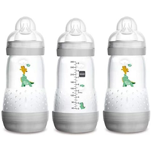 MAM Easy Start Anti-Colic Bottle, 9 oz (3-Count), Baby Essentials, Medium Flow Bottles with Silicone Nipple, Unisex Baby Bottles, Designs May Vary