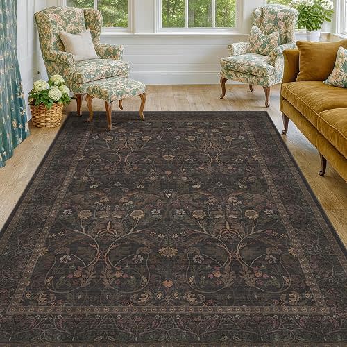 Washable 5x7 Dark Brown Rug for Living Room, Low Pile Soft Area Rugs for Bedroom, Traditional Home Office Décor, Non Slip Floral Woodland Funky Dark Academia Carpet with tan Coffee Accents