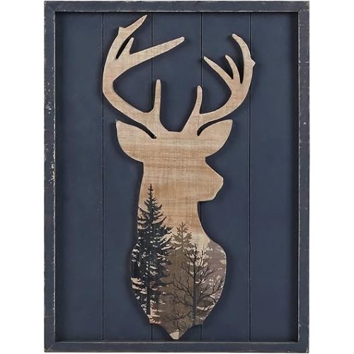 NIKKY HOME Cabin Wall Decor, Decorative Deer Wood Framed Forest Mountain Woodland Wildlife Lodge Elk Animal Picture Art Print Bathroom Decor, 12 x 16 Inches