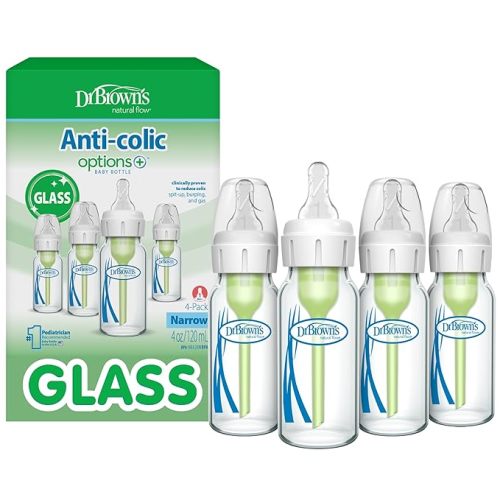 Dr. Brown's Anti-Colic Options+ Narrow Glass Baby Bottle with Level 1 Slow Flow Nipple, BPA-Free, 8 oz/250 mL, 0m+, 4-Pack (Packaging May Vary)