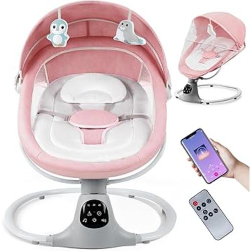 Electric Baby Swing for Infants to Toddler, 12 Music, Remote Control and Bluetooth, Portable Swing for Baby Boy Girl with 5 Swing Speed, Multifunction Rocker(Light Pink)