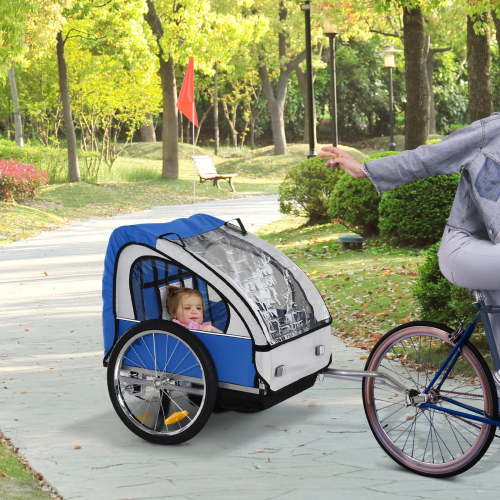 Aosom 2-Seat Child Bike Trailer for Kids with a Strong Steel Frame, 5-Point Safety Harnesses, & Comfortable Seat, Blue