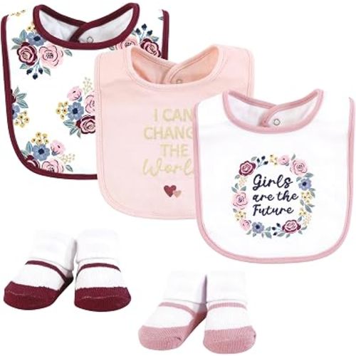 Hudson Baby Infant Girl Cotton Bib and Sock Set, Girls World, One Size