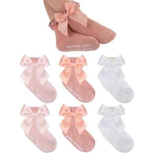6 Pairs Baby Girl Ruffle Socks with Bow Non Slip Grippy Cotton Frilly Crew Fancy Dress Socks Newborn Infant Toddler