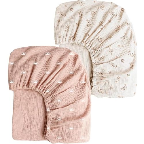 Konssy Muslin Crib Sheets for Girl Boy, 2 PCS Soft and Breathable Cotton Baby Sheets for Standard Crib Mattress, 52"x 28" (Pink Sun,Khaki Leaf)