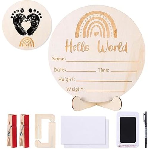 Baby Announcement Sign, Wooden Baby Name Sign for Welcome Baby, Double-Sided Hello World Name Sign with Marker Pen and Ink Pad for New Baby Hand Footprints, Baby Shower (Bohemian Rainbow)