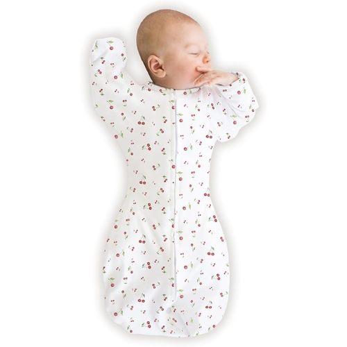SwaddleDesigns Organic Transitional Swaddle Sack, Arms Up Swaddle with Half-Length Sleeves & Mitten Cuffs, Medium, 3-6 Months, 14-21 lbs, Watercolor Little Cherries