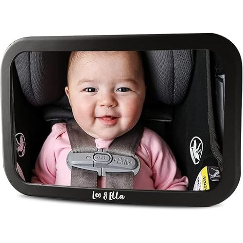 Leo&Ella Extra Large Car Mirror for Baby in Rear Facing Car Seat, Wide Crystal Clear View, 360° Adjustable Mount, Crash Tested and 100% Shatterproof, Fully Assembled