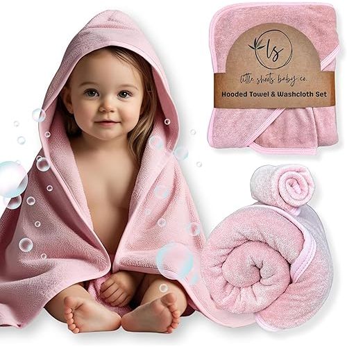 Hooded Baby Toddler Towel and Washcloth Set Made with Viscose from Bamboo, Large Size of 35" x 35", Soft and Absorbent, Baby Essential in Rose