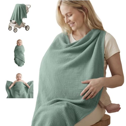Blissful Diary Muslin Multi-Use Cloth - 4-in-1 Privacy Nursing Cover, Swaddle Blanket, Car Seat Cover, Burp Cloth, Portable Breastfeeding Essentials for Women, Baby Must Have (Roman Green)