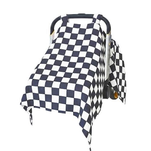 Muslin Baby Carseat Cover - Black & White Checkered Infant Carrier Canopy, Soft & Breathable Car Seat Cover for Babies, Lightweight Sunshade for Summer, Universal Fit for Boys & Girls