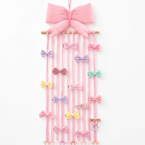 Suncalla Long Bow Holder for Girls Baby Pink Bow Hair Bows Clip Organizer 31.5 Inch Baby Hair Accessories Storage Display Hanging Decor for Girls Nursery Room Bedroom Living Room