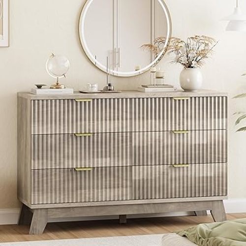 Fluted Dresser for Bedroom with 6 Drawers, 48" Wide Modern Chest of Drawers with Metal Handle, Wooden Dresser TV Stand, Wood Closet Clothes Storage Organizer for Living Room, Hallway, Grey