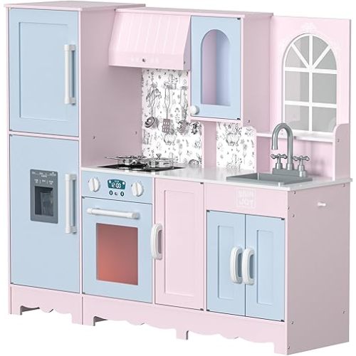 Play Kitchen for Kids, Wooden Kids Kitchen Playset w/Faucet, Sink, Stove, Oven, Window, Cookware, Storage Cabinets, Toddler Role Play Kitchen Pretend Play Toy Set Gift for Girls Boys Ages 3+