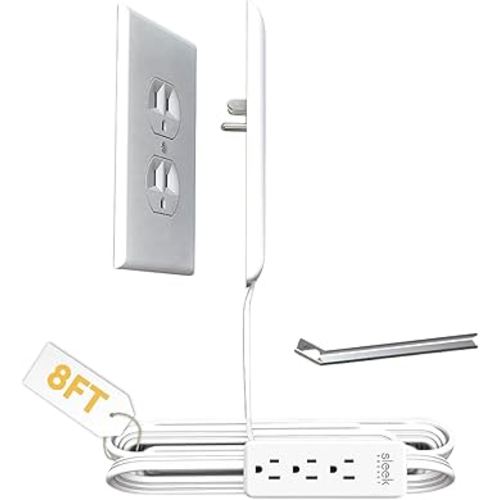 Sleek Socket No Shock Child Protector, Outlet & Plug Concealer with Protective Cord Clips, 8-Foot Flat Extension Cord