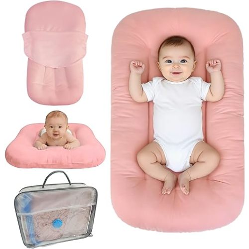 Baby Lounger for Infants Babies 0-24 Months, Bionic Organic Lounger, Soft Cotton Breathable Infant Floor Seats & Loungers for Newborn Baby Shower Gifts (Pink)