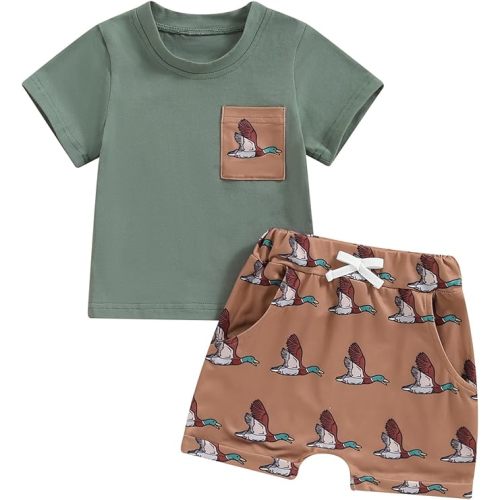Kaipiclos Baby Boys Clothes Toddler Summer Outfits Short Sleeve Duck Print Pocket T-Shirt Tops and Shorts Farm Baby Clothes