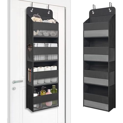 Over The Door Hanging Organizer with 4 Large Pockets – Closet, Bathroom, Nursery, Bedroom, Dorm Storage for Toys, Cosmetics, and Baby Essentials, Black