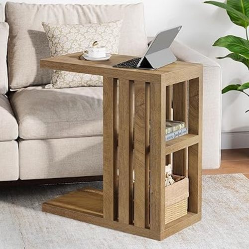 Tribesigns C Shaped End Table for Couch, Small Narrow Side Table for Living Room, Small Spaces, 3-Tier Wooden Bedside Nightstand for Bedroom, Brown