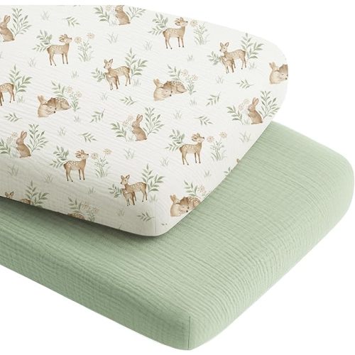 Konssy 2 Pack Muslin Bassinet Sheets for Boys, Girls, 100% Cotton Soft Breathable Fitted Bassinet Mattress Sheet, 33 x 21 inches (Woodland,Sage)
