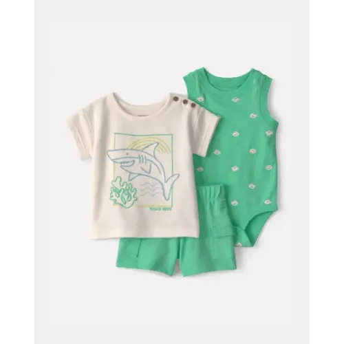 Baby Boy 3-Piece Shark Top, Bodysuit & Short Set - Green/Ivory | Carter's