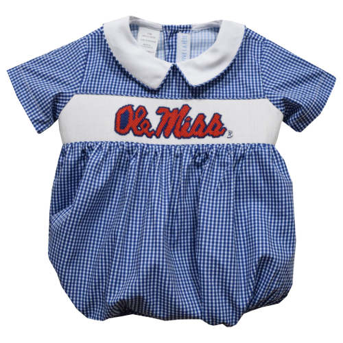 Ole Miss Rebels Smocked Navy  Gingham Short Sleeve Boys Bubble
