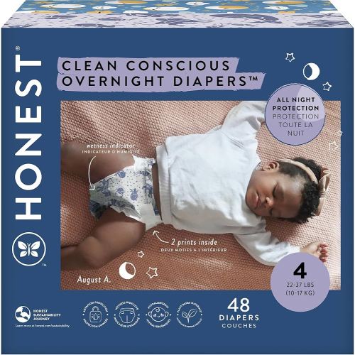 The Honest Company Comfort Dry Disposable Overnight Diapers for Sensitive Skin, Hypoallergenic, Baby Cozy Cloud and Star Signs Design Club Box Size 4 (22–37 lbs) 48 Count